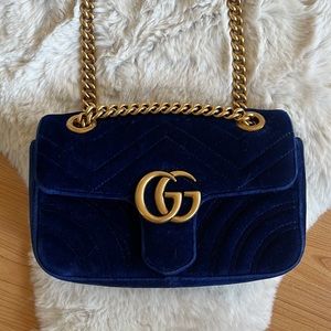 LIKE NEW GUCCI Velvet Matelasse Small GG Marmont Shoulder Bag in Cobalt Blue